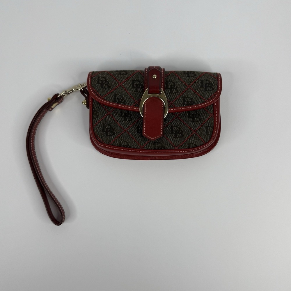 Dooney & Bourke Signature DB Jacquard Wristlet Wallet Charcoal/Red Leather Trim